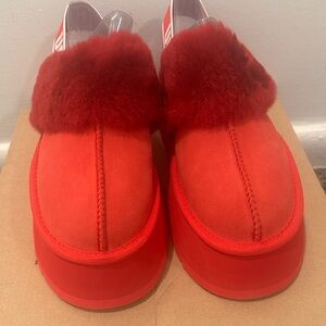 UGG Vibrant Red Faux Fur Platform Shoes